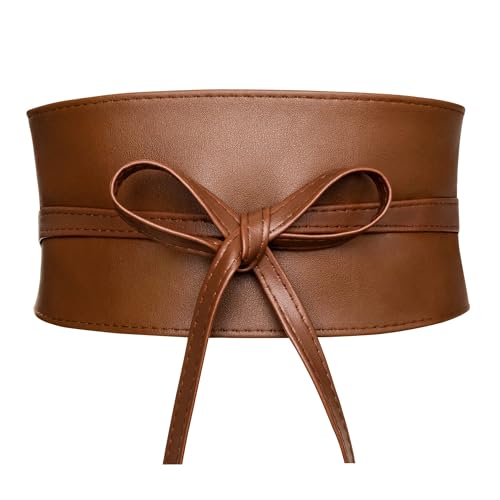 macoking Thick Brown Wide Obi Belts for Women Faux Leather Corset with Lace Up Wrap Style M