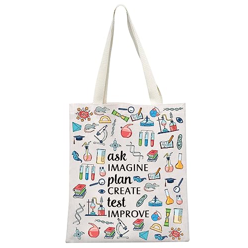 Image of GJTIM Science Teacher Gift Chemist Laboratory Science Chemistry Gift Ask Imagine Plan Create Test Improve Scientist Tote Bag