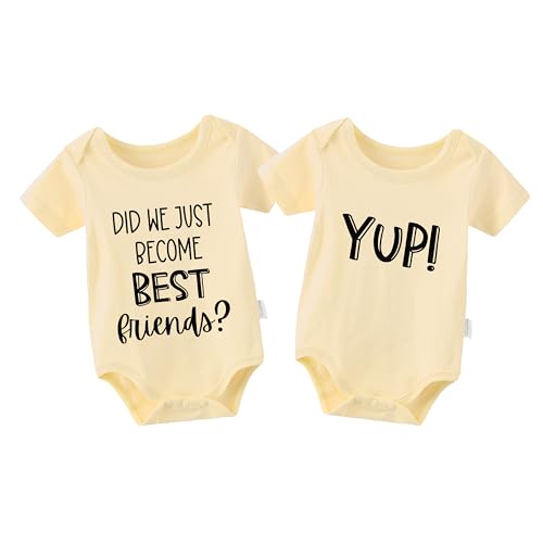 Image of YSCULBUTOL Baby Twins Bodysuit Did We Just Become Best Friends Newborn Clothes Infant Twin Romper Unisex Outfits(Yellow 12m)