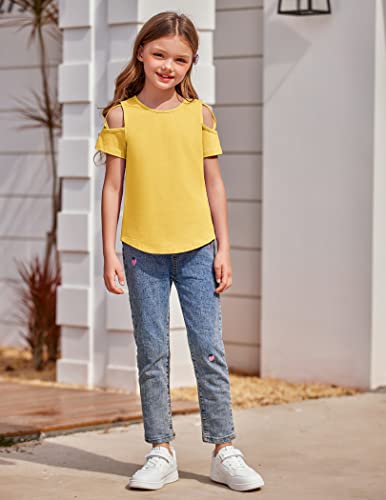Greatchy Girl's Casual Big Kids Short Sleeve Summer Cute Plain Cotton Casual Tees Shirt Tops With Cold Shoulder #TOP4