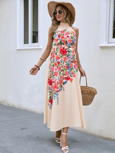 Women’s Floral Maxi Dress Casual A-Line Halter Neck Sleeveless Flowy Vacation Wedding Guest Long Dresses with Belt 20253