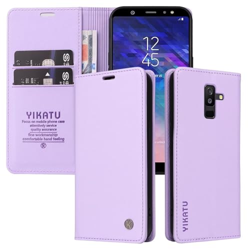 SLWYF Handyhülle für Samsung Galaxy A6 Plus Hülle, Premium PU Lederhülle Wallet Klappbar Flip Hülle Tasche Magnet Kartenfach Standfunktion Klapphülle Schutzhülle Handyhülle, Lila