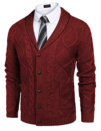 COOFANDY Men's Shawl Collar Cardigan Sweater Slim Fit Merish Aran Button Down Cable Knitted Sweater with Pockets (Wine Red, Large)