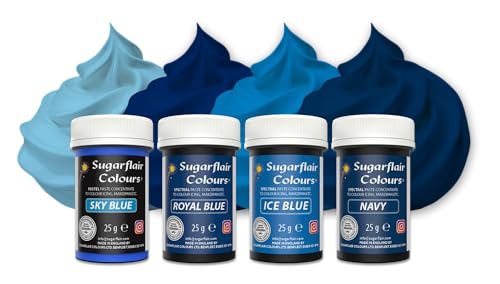 Sugarflair Paste Colour Blue, Azul Set/4, Colorantes Alimentarios, Colorantes: Royal Blue, Sky Blue, Ice Blue, Navy Blue - Set/4
