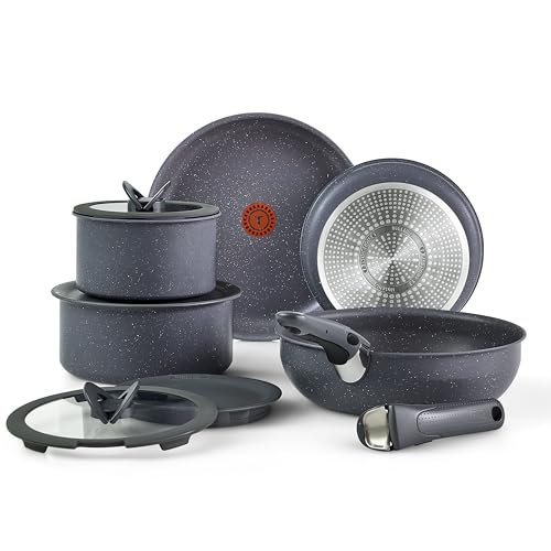 Image of T-fal Ingenio Essentials Cookware Set with Detachable/Removable Handle 11 Piece, Granite Titanium Non Stick, Induction, Oven Broiler Safe 500F, Stackable, Pots and Pans Set, RV Camping, Fry Pans Gray