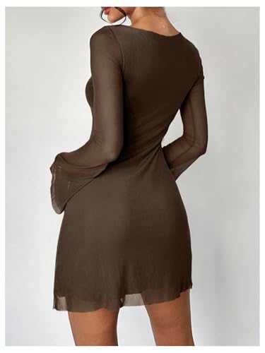 Image of GORGLITTER Women's Bell Long Sleeve Mini Dress Y2k Fall 2025 Mesh Boat Neck Going Out Club Bodycon Short Dress