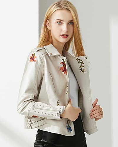 Women's Embroidered Studded Faux Leather Jacket Moto Punk Jacket Floral Coat (M, Xhpy Beige) #TOP1
