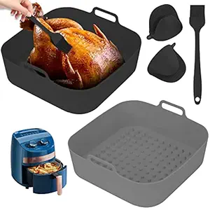 Silicone Air Fryer Liners Square, 2 Pack Reusable Air Fryer Liners, 8 Inch Ailicone Air Fryer Basket 4 to 7 QT, Food Safe Airfryer Silicone Liners Oven Microwave Accessories, (Gray & Black)
