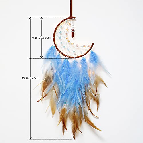 Dremisland Moon Dream Catcher with Fairy Lights-Handmade Feather Lucky Turquoise Pendant Beads Wall Hanging Ornament for kids Bedroom Home Decoration,Art Craft Gift. (Blue&Brown)
