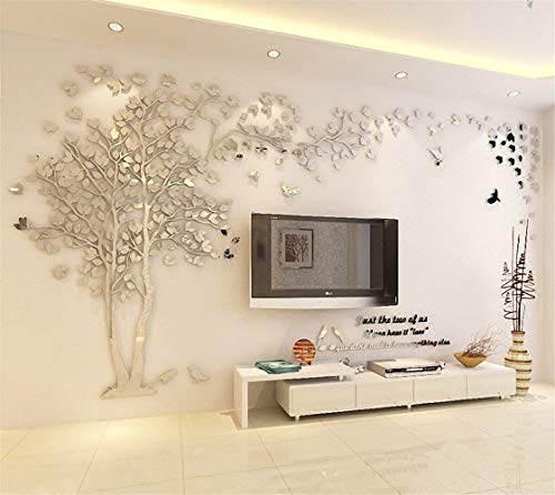 3D Tree Wall Stickers - Diy Tree And Birds Wall Decals Family Couple Tree Stickers Murals Wall Decor For Living Room Bedroom Tv Background Home Decorations(Silver Left,M-98X51In) #TOP2