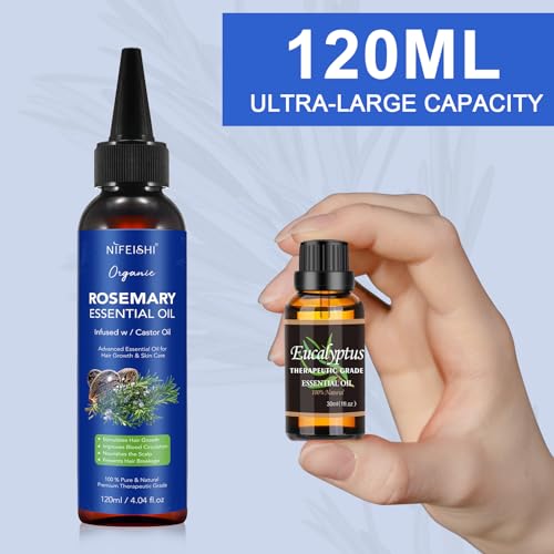 Rosemary Oil for Hair Growth, 120ml 100% Pure Natural Organic Rosemary Essential Oil Infused w/Castor Oil Used for Scalp Massager, Improves Blood Circulation, Body Massage, Reduce Hair Loss