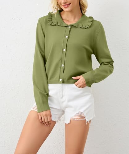 Women Button Dwon Long Sleebe Ruffle Lapel Solid Loose Sweater Cardigan Open Front Knit Cardigans Jacket4