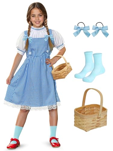 IIMMER Girls Halloween Dorthy Dress with Socks Hair Ties Blue Gingham Puff Sleeves Costume with Basket 13-14 Years