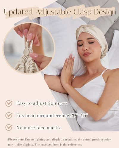 HFRHTGY Adjustable Silk Satin Hair Bonnet for Sleeping Women Hair Wrap, Double Layer Night Turban, Sleep Cap for Natural Curly Straight Unisex - Champagne — view 2