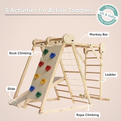 Image of Curious Cub Foldable Jungle Gym for Kids Indoor | Jungle Gym for Kids with Slide,Net Climbing,Rock Climbing, Hanging Bars & Ladder | 5 in 1 Kid Home Play Set | Montessori Toys 1.5 to 7 Years