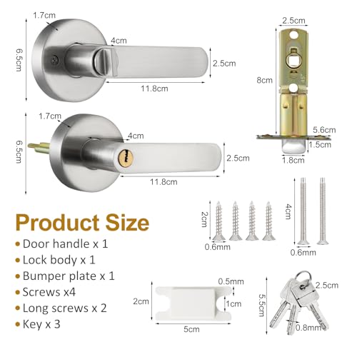 Miniatura 2 de Faankiton Manija Con Cerradura De Llave, Manija De Puerta, Juego De Manillas De Entrada, Manija Para Puertas De Paso, Cerradura De Palanca De Puerta Para Dormitorio, Baño Plata
