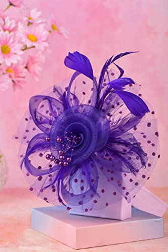 Fascinators Hat for Women Tea Party Headband Kentucky Derby Wedding Cocktail Flower Mesh Feathers Hair Clip (1-Purple)