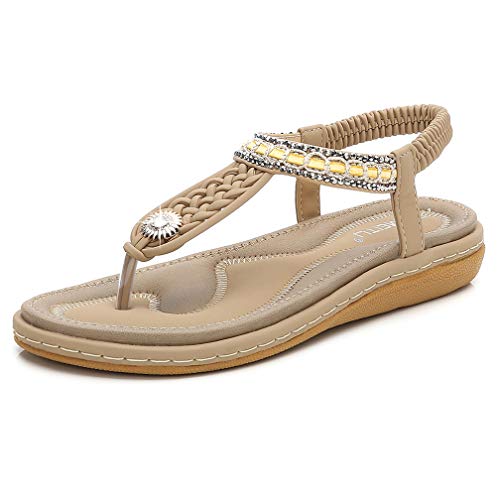 DolphinBanana Women's T-Strap Flat Sandals, Glitter Rhinestones Thong Flip Flops Simple Summer Bohemian Low Top No Heel Shoes, Shiny Gem Dressy Casual Jeans Daily Wear Beach Vacation, Beige Nude 9