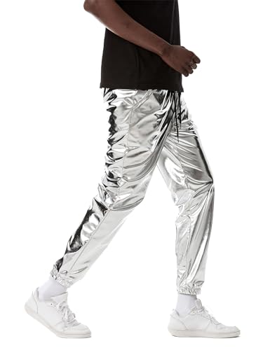 ZEROYAA Mens Metallic Shiny Sweatpants Disco Party Elastic Trousers2