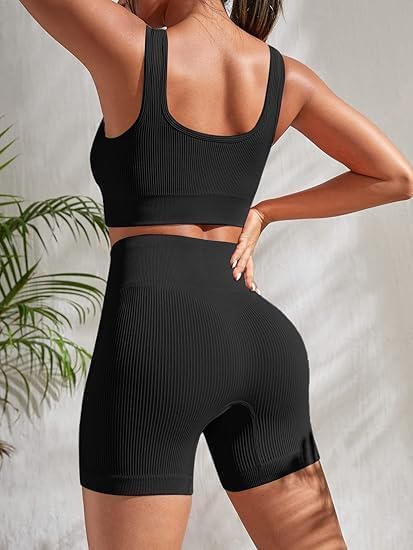SHEKINI Completo Palestra Donna Set Di Abbigliamento Yoga Set A Coste Reggiseno Sportivo+ Leggings 2 Pezzi Tuta Sportiva Corto Fitness Activewear Sportswear