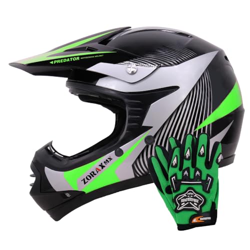 Zorax ZOR-X19 Green L (53-54cm) PREDATOR Kids Motocross Motorbike MX Helmet ECE 2206 & Gloves L(7cm)