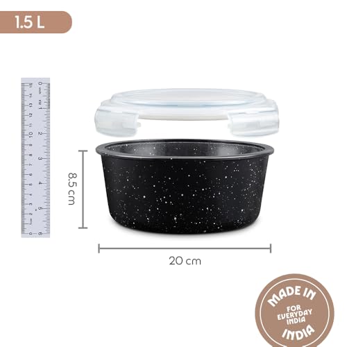 Image of Borosil 1.5 L Pebble Black Food Storage Container with Air Tight Lid | Round Shape Borosilicate Glass Organiser | Microwave & Dishwasher Safe | For Fridge, Kitchen Storage