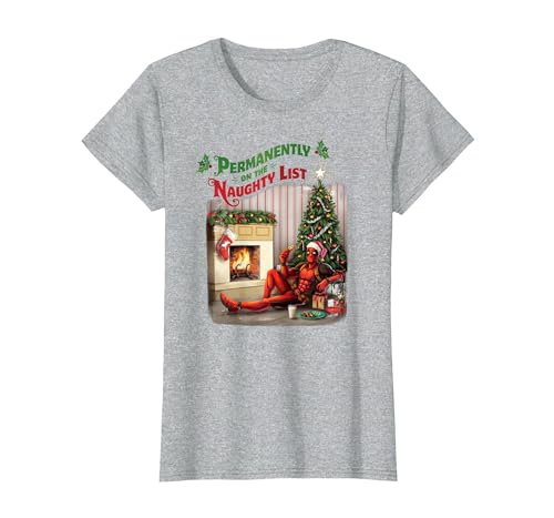 Marvel Deadpool Permanently on The Naughty List Holiday T-Shirt, Women, Heather Grey, X-Small