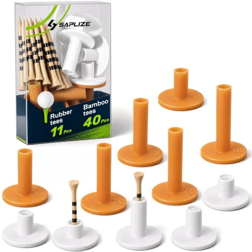 SAPLIZE 51 Pcs Golf Mat Tee Set 5 Rubber Tee Holders 6 Straight Rubber Tees & 40 Bamboo Golf Tees for Practice Mats Driving Range & Indoor Golf Simulator