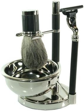 Bey Berk Shaving Shave Set BB22 Mach 3 Razor Badger Brush w/ Soap Dish on Stand Black Silver Plated
