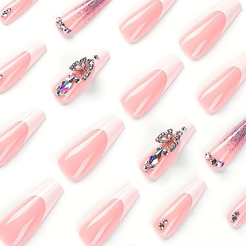 24 Pcs Press On Nails Long - French Tip Coffin Fake Nails - Full Cover Glossy White Purple Glitter Butterfly with Rhinestones Acrylic Nails Design Long Ballet False Nails Shape for Women and Girls