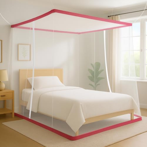 Image of Classic Mosquito Net for King Size Bed with Double Zipper | Folding Machardani | Strong Polyester Breathable Mesh 4 x 6.5 ft | Easy Entry /Exit, Lightweight, for Home, Travel & Daily use - Pink