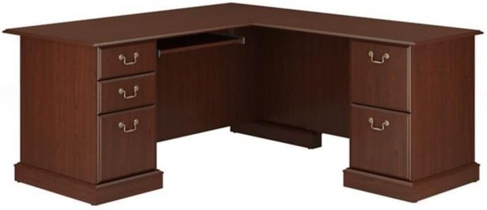Pemberly Row L-Shape Executive Office Computer Desk, 66 in x 71.2 in, Harvest Cherry Finish, Manufactured Wood, Double Pedestal Base with Storage, Keyboard Shelf, File Drawers, Home Office Desk