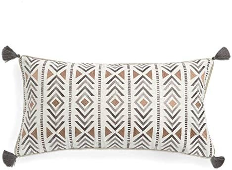 Levtex Home - Santa Fe - Decorative Pillow (12 X 24in.) - Embroidered Tribal Geometric Pattern with Tassels - Light Grey, Dark Grey, Tan, Cream - Feather Filled