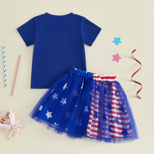 Image of Kayotuas Toddler Baby Girl 4th of July Outfit American Flag Shirt Red Blue Stars Tulle Tutu Skirts Kids Fourth of July Dress