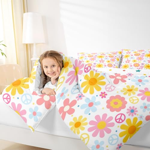 Image of Groovy Flower Bedding Set for Kids Boys Girls Retro Floral Boho Comforter Set Toddler Size Psychedelic Floral Duvet Quilt Bedroom Decor Breathable Soft Lightweight Microfiber Nature Theme 2Pcs