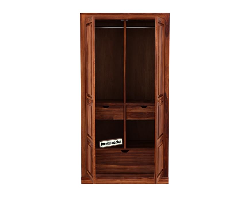 Image of Sheesham Wood Wardrobe with 3 Drawer and 4 Shelves Storage for Bedroom Wooden Almirah for Clothes for Living Room Bedroom Home, Solid Wood Furniture (Brown)