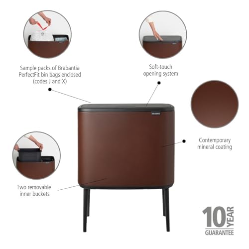 Image of Brabantia Bo Touch Bin - 11 + 23L Inner Buckets (Mineral Cosy Brown) Waste /Recycling Kitchen Bin - Soft-Touch