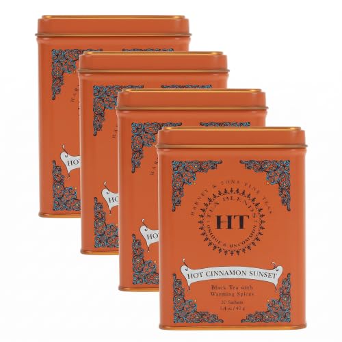 Harney & Sons Black Tea, 20 Sachets, Pack of 4 | Hot Cinnamon Sunset | Caffeinated | Orange and Cloves | Tin Packaging
