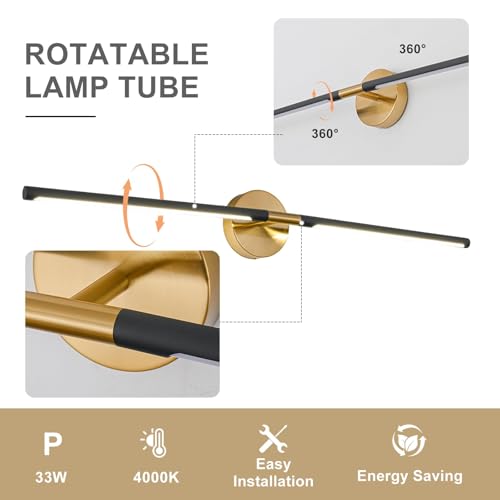 Image of Modern Bathroom Light Fixtures Over Mirror 43 Inch, 33W 360 Rotatable Dimmable 4000K Led Vanity Light Bar, Black and Gold Bathroom Vanity Lights Above Mirror