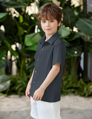 Image of Arshiner Boys Casual Short Sleeve Button Down Shirt Fashion Textured Summer Beach Shirt 3-13 Years Old