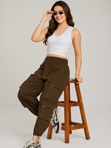 Image of ADDYVERO Elastic Cotton Solid Non-Stretchable Regular Fit Full Length Women six Pockets Cargo Pant (Light Brown, 28)