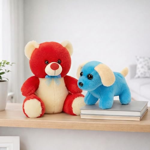 Image of Tabitha Stuffed Toys-Ultra Soft Plush Toy for Kids | Birthday Gifts for Kids and Girls | (Combo of 2 Toys 30 Cm Red Teddy & 25 Cm Blue Dog)