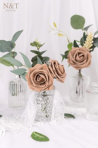 N&T Nieting Brown Roses Artificial Flowers, 25Pcs Fake Flowers Bulk Perfect For Diy Wedding Bridesmaid Bridal Bouquets Centerpieces Party Home Flower Arrangement Decoration Light Brown #TOP1