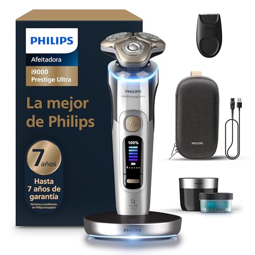 Philips i9000 Prestige Ultra, Afeitadora Eléctrica Hombre, Máquina de Afeitar Barba en Seco y Mojado, Tecnología SkinIQ Pro, Base de Carga, Recargable, Estuche Premium, Centro de limpieza, XP9404/31