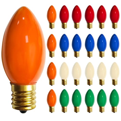 25 Pack C9 Multicolor Christmas Light Bulbs C9 Multicolor Replacement Bulbs for Outdoor Patio Christmas String Lights 7W Incandescent Night Light Bulbs C9/E17 Intermediate Base Bulb 120V 7W bulb