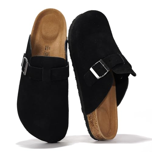 Project Cloud Mens Clogs - 100% Full Grain Genuine Leather Clogs for Men with Memory Foam Insole and Arch Support Natural Cork Footbed - Non Slip Mules Mens Slippers (Brooklyn BLKSUEDE 11)