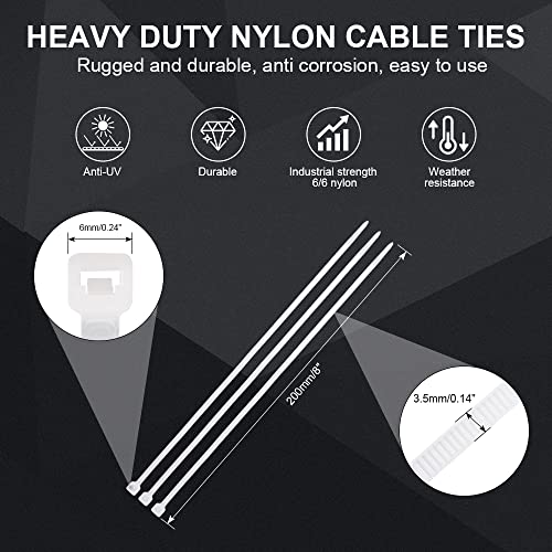 8 Inch Zip Cable Ties (1000 Pieces), Self-Locking Premium Nylon Cable Wire Ties,Heavy Duty White, For Indoor And Outdoor By Boacua #TOP1