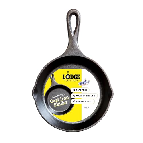 Lodge Seasoned Cast Iron Skillet - PFAS-Free, Non-Toxic Cookware - Use with an Oven, Stove, Grill, or Campfire - Naturally Non-Stick & Oven Safe - 6.5 Inches