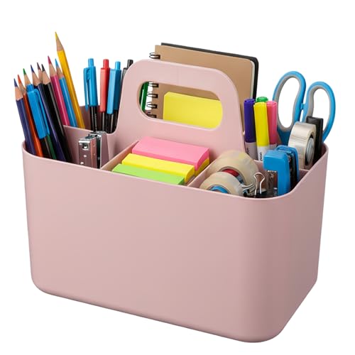 OFFASST Stapelbarer Aufbewahrungskorb mit Griff - Organizer für Putzmittel mit 5 Fächern Küche Bad Schminktisch & Bastelzubehör Ablagefächer für Makeup Nähutensilien (Rosa 24.5x15.5x17.5 cm)