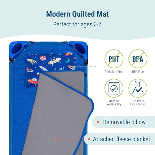 Image of Wildkin Modern Kids Nap Mat with Pillow for Boys & Girls - Cotton Blend, Elastic Straps, Toddler Sleep Mat for Daycare, Preschool, Kindergarten & Travel, Ages 3-7, Machine Washable - Out of This World